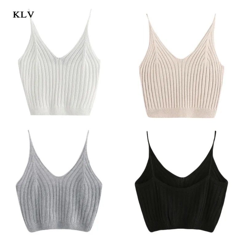 

KLV 2019 New 4 Colors Women's Summer V-Neck Basic Sexy Strappy Sleeveless Racerback Solid Color Cotton Soft Crop Top