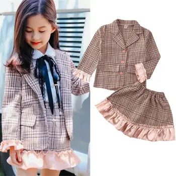 

Kids Student School Uniforms Set Suit for Girls Coat Mini Skirt 2Pcs Plaid Clothes 2-7Y School Student Party Princess Clothing