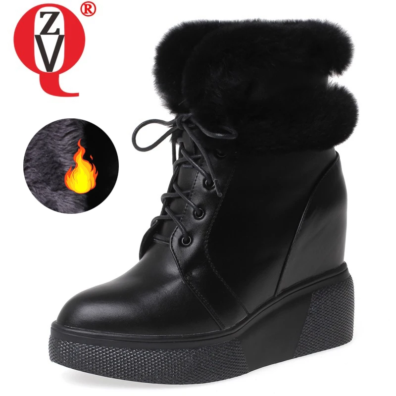 

ZVQ winter new concise genuine leather snow boots outside high heels platform round toe cross-tied women shoes drop shipping