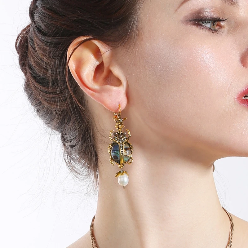 Natural Abalone Shell Earrings Freshwater Pearl Beetle Drop Earrings For Women