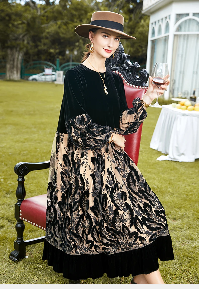 Autumn New Noble Silk Flocking High Waist Dress
