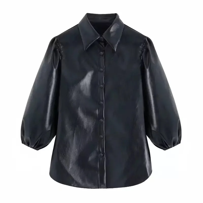 Leather Shirts Blouses Woman 2019 New Casual Lapel Pull Sleeve Khaki Tops Spring Autumn Ladies Button PU Shirt Women Blouse D30