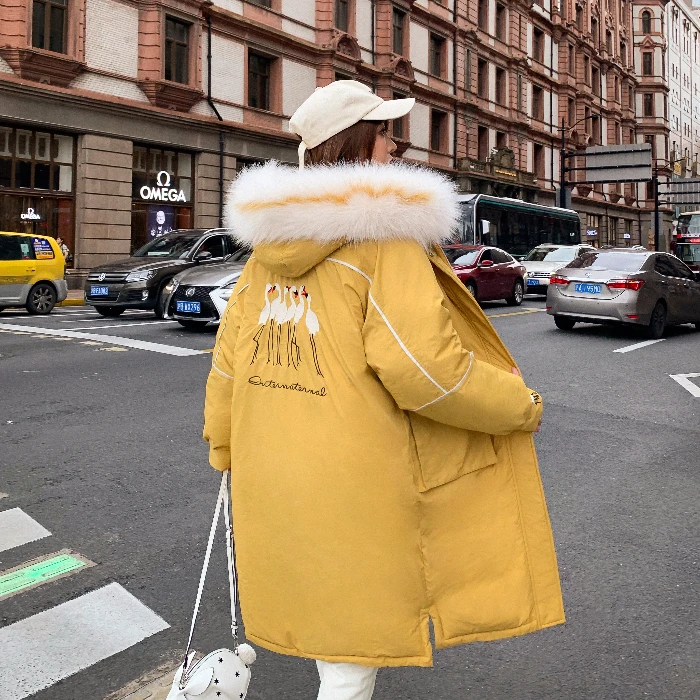 And Autumn Winter New Down Dress Female Fashion Crane Loose And Big Hair Neck Long Bf Wind Cotton Jacket