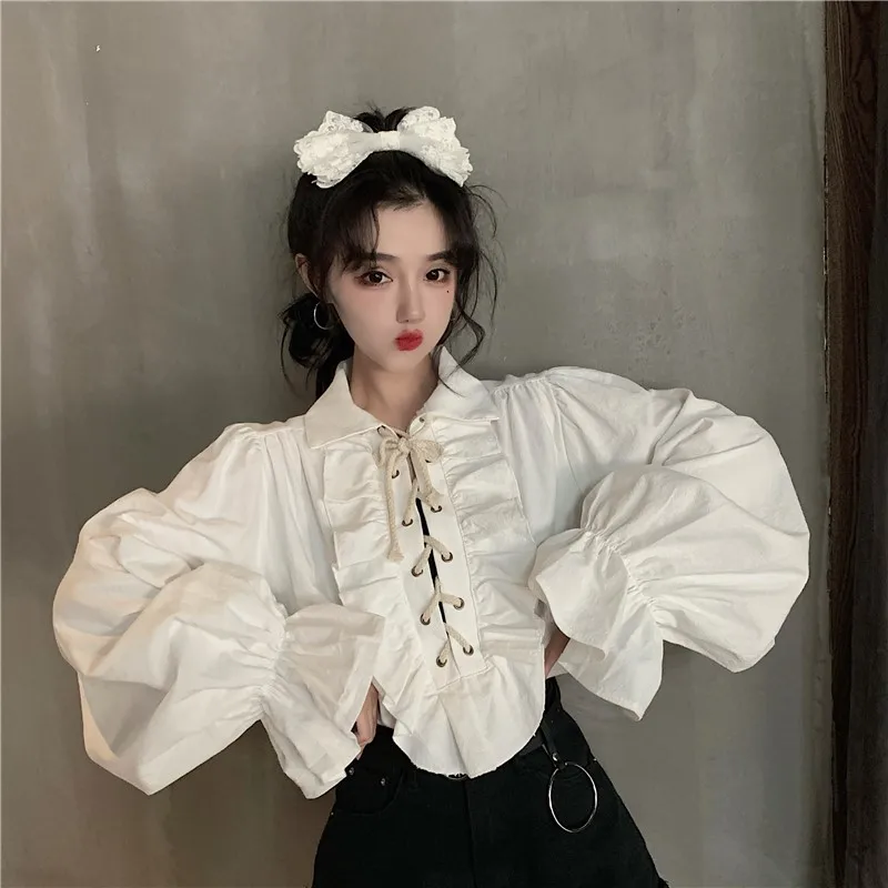 classical elegant lolita dresses 2023 spring new retro gothic style mid length round neck flared sleeves cosplay a line dress Women Retro Lace Up Blousers Ruffles Lolita Tuxedo Shirts Drawstring Medieval Victorian Gothic Blouse French Palace Ladies Shirt