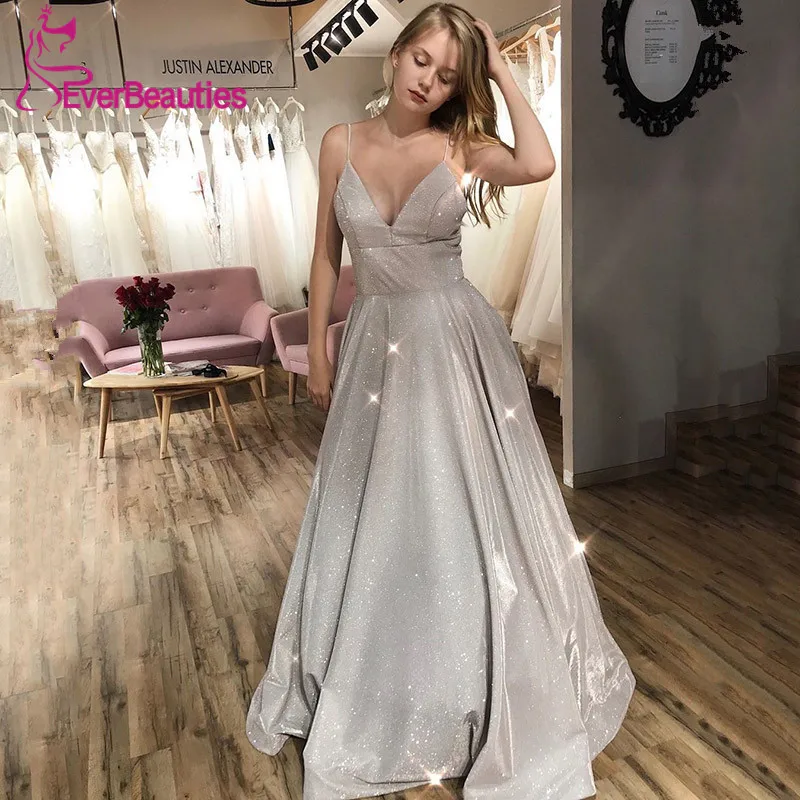 

Robe De Soiree Evening Dress with Pockets Glittering Sequin Spaghetti Straps A-Line V-Neck Prom Party Dresses Long 2019