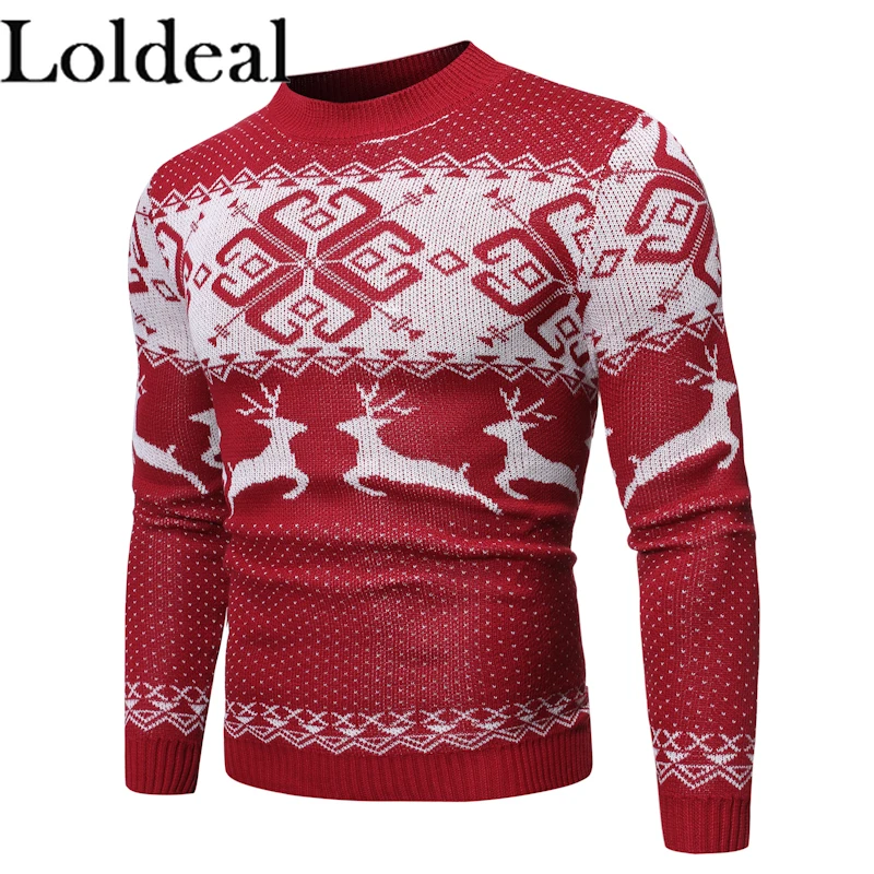 Loldeal Men Sweater Fashion Round Neck Long Sleeve Snowflake Deer Batik Slim Knit Loldeal Men Sweater Fashion Round Neck Long Sleeve Snowflake Deer Batik Slim Knit