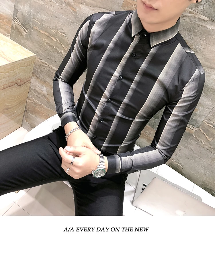 Полосатая мужская повседневная приталенная рубашка-смокинг с длинным рукавом, деловая рубашка, мужская рубашка