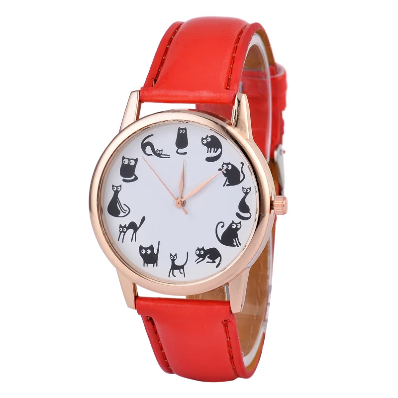 Брендовые винтажные кожаные милые наручные часы с котом повседневные Модные