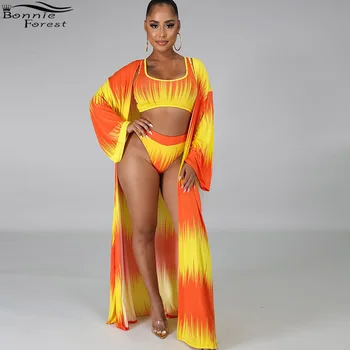 

Bonnie Forest Chic Tropical Tie Dye Printed Bikini Set Three Piece Summer Beautiful Swim Beach Set And Cardigan Set Beachwears