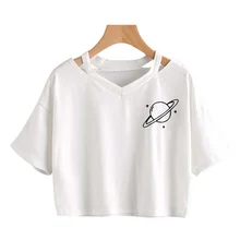 Camisetas cortas con estampado de planeta nuevo kawaii de los años 90 para mujer, camisetas cortas sexis de estilo Punk de Harajuku, camisetas cortas con gráficos Vintage para mujer