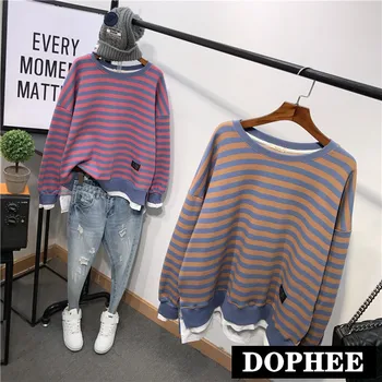 

Oversize Cotton Sweatshirt Women Autumn 2020 New Soft Stripe Pullover Hoodie Feminine Patchwork Basic Coat Large Size Tops