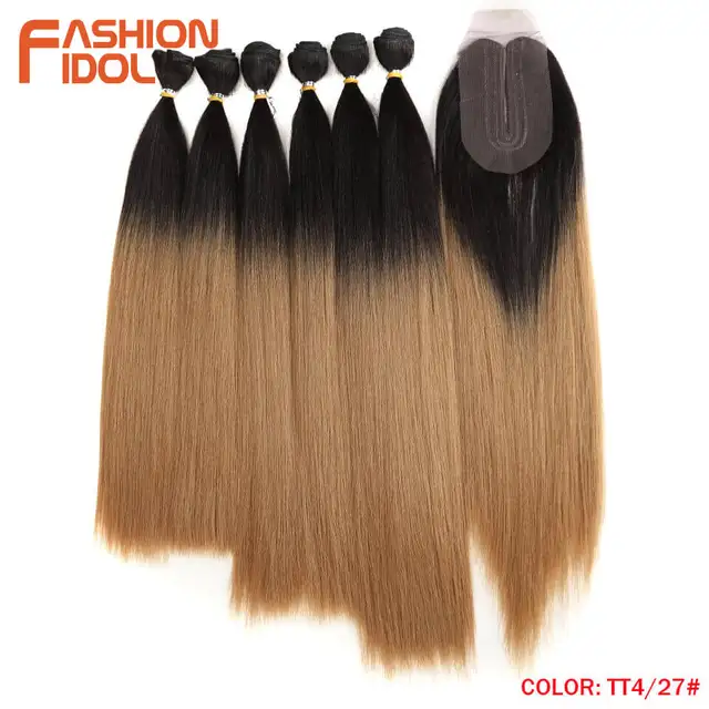 FASHION IDOL Yaki Straight Hair Bundles 7Pcs/Pack 16-20inch Ombre 613# Synthetic Hair Bundles With Closure Weave Hair Extension TT4-27