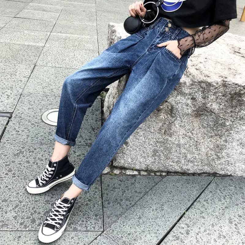 Goede Vintage Twee Knoppen Hoge Taille Boyfriend Jeans Voor Vrouwen Moeder Losse Baggy Denim Jeans Vrouw Casual Harem Enkel Tapered Vader jeans