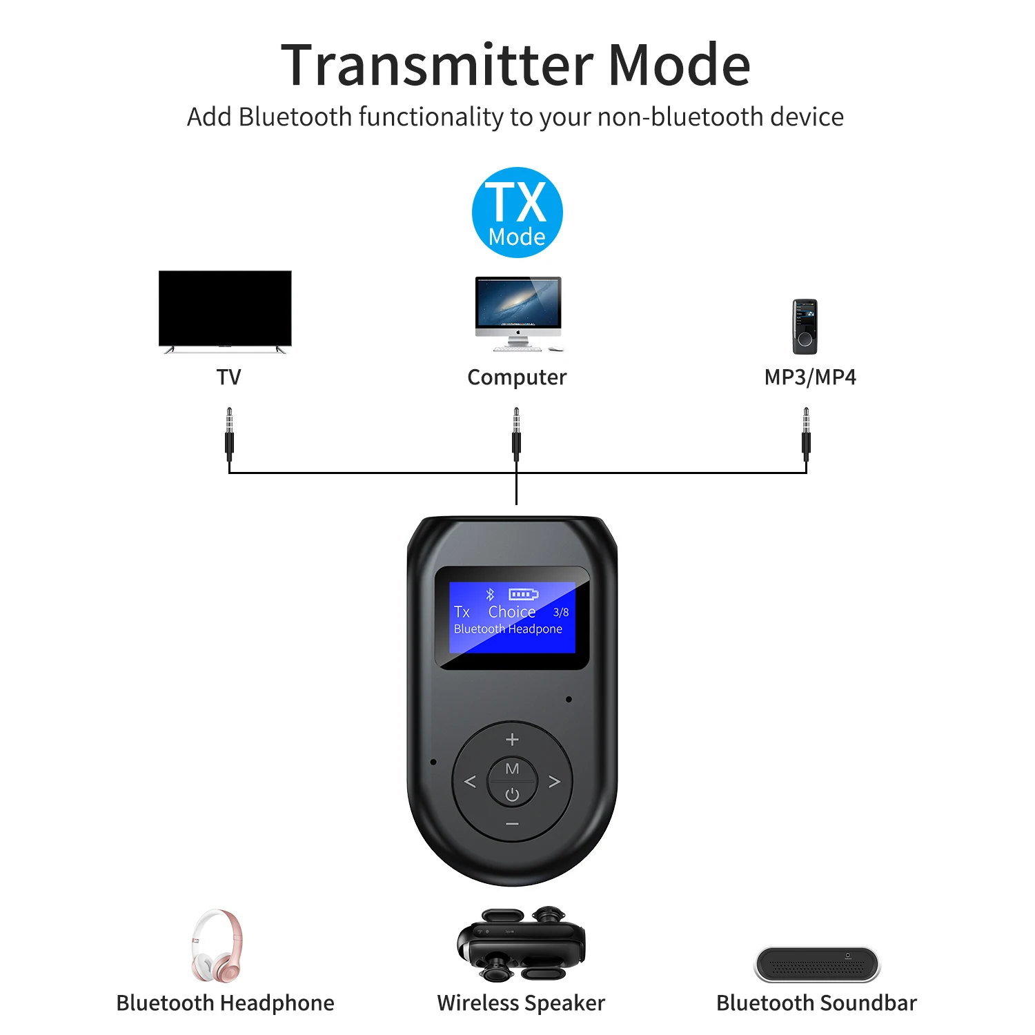 Bluetooth 5.0 receptor de áudio transmissor display