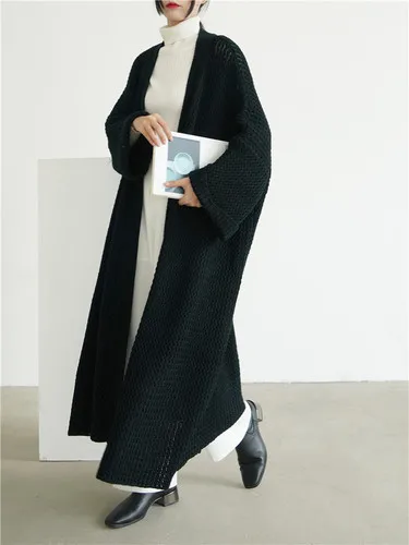 Women's Full Length Loose Knitted Cardigan Sweater Coat Outwear Long Sleeve Long Women Sweaters H02 - Цвет: Черный