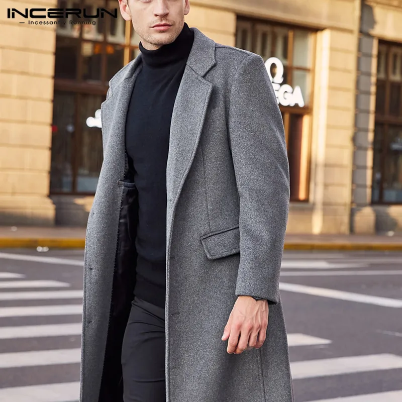 INCERUN, Зимние Модные мужские шерстяные пальто, смесь, длинный рукав, теплые, одноцветные, уличная одежда, куртки, длинный Тренч, классическое пальто для мужчин