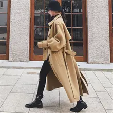 Большой размер длинное шерстяное пальто осень и зима женская одежда новая мода Темперамент двубортный бандажный жакет f2477