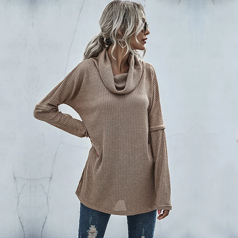 

Knitted Sweater Women Autumn Winter High Street Solid Color Rib Long Sleeve Heaps Collar Split Solid Color Long Pullover Sweater