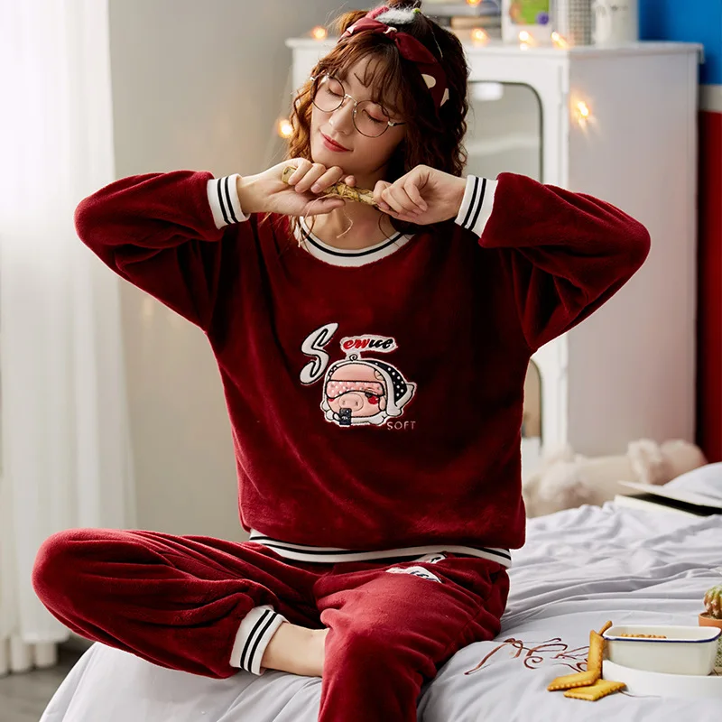 Fashion Thick Warm Winter Pajamas Set 2020 Flannel Cute Sleepwear Women Girl Suit Long Sleeve Pants Home Clothes Casual 2 Pieces