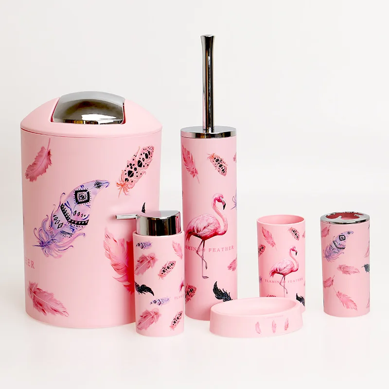 

6 Pieces Bathroom Accessories Set Toothbrush Holder Organizer Storage Plastic Pink Flamingo Pattern Gift Set Cup Soap Dispenser