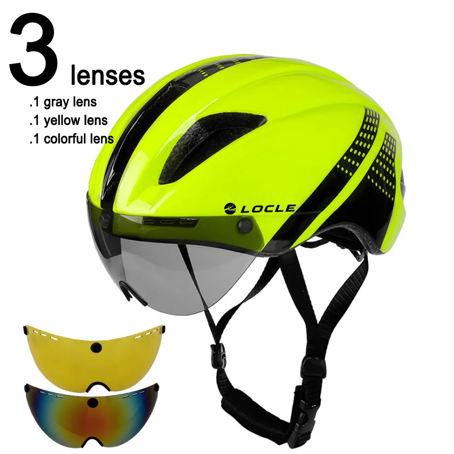 LOCLE, 3 линзы, Aero TT, для шоссейного велосипеда, велосипедные очки, шлем для велоспорта, защитный шлем для верховой езды, мужской, скоростной, пробный, шлем двойного назначения 280 г - Цвет: Green Black 3 Lenses