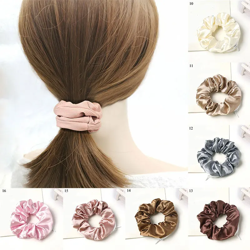 Laser Zipper Scrunchies Elastic Silk Print Hairbands Girls Headwear Ponytail Holder Pocket Hair Ring With Zip Hair Accesories large claw hair clips