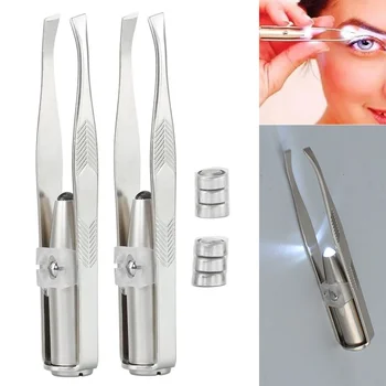 

2pcs Stainless Syeel Make Up Tool Eyelash Eyebrow Hair Removal Tweezers with Led Light Pinzas Para Cejas