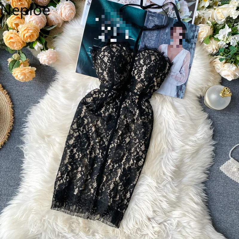 Neploe 2020 Spring Sexy Halter Lace Strapless Dress Women Elegant Slim-Fit Ladies Vestidos Sleeveless Bodycon Party 1A229 | Женская