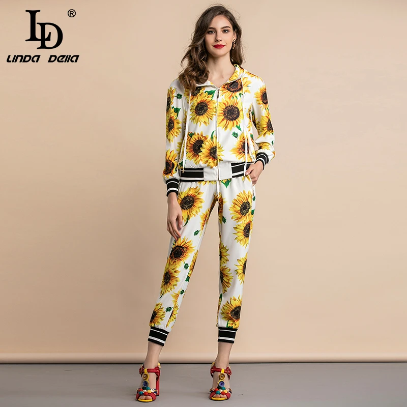 

LD LINDA DELLA 2019 Autumn Fashion Runway Casual Suits Women's Sunflower Floral Print Pants Two Pieces Set Tracksuits