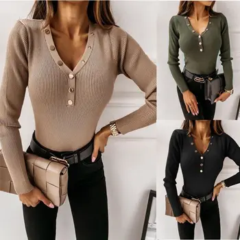 

COIGARSAM Solid Shirt Womens tops New V-Neck Women shirts Khaki Green Black 1601