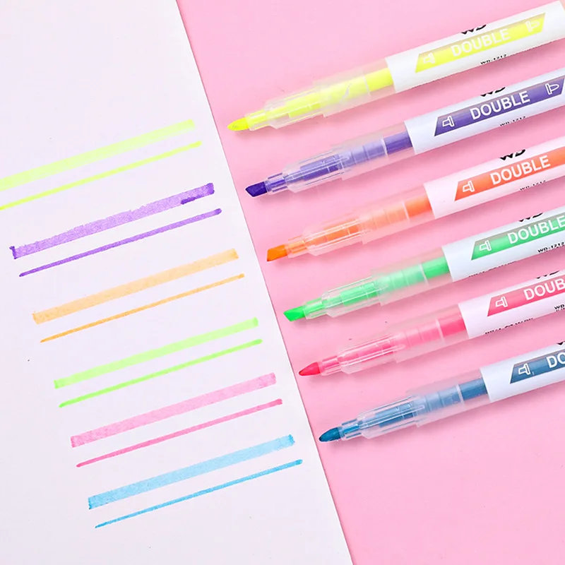 

6color double-headed marker highlighter pen for students with color hook line pen pastel marker pen candy color hand account pe