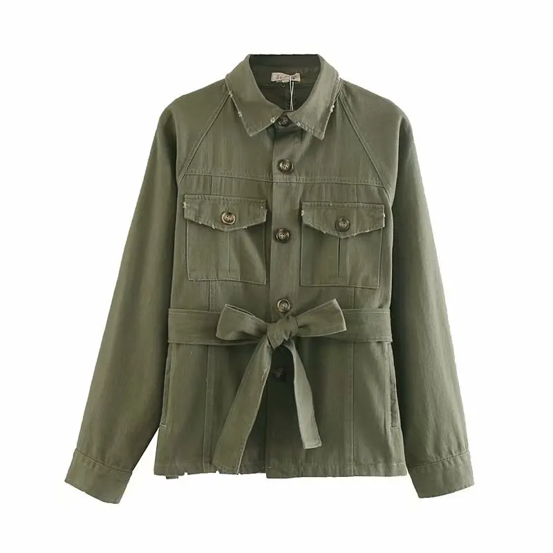 remarkable  women winter jacke vintage army khaki coats and jackets women oversize coat streetwear sashes pocke