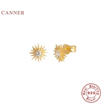 

CANNER Real 925 Sterling Silver Earrings For Women Sun Flower Stud Earrings Zircon Diamond Korean Silver Gold Jewelry Pendientes