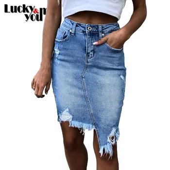 

New Arrive 2020 Womens Summer Casual Irregular Denim Skirt Female Asymmetrical Hole Tassel Knee-Length Skirt Girls Street Wear