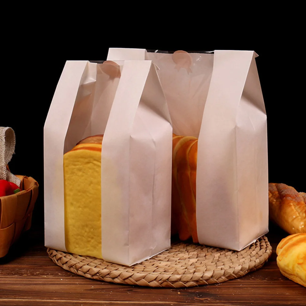 

50pcs Kraft Paper Bread Packing Toast Bag Baking Takeaway Food Package Cake Bag Avoid Oil with Front Window