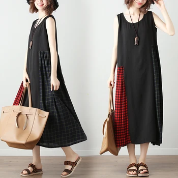 

235# Vintage Patchwork Linen Maternity Maxi Long Dress Summer Vest Clothes for Pregnant Women Sleeveless Plus Size Pregnancy