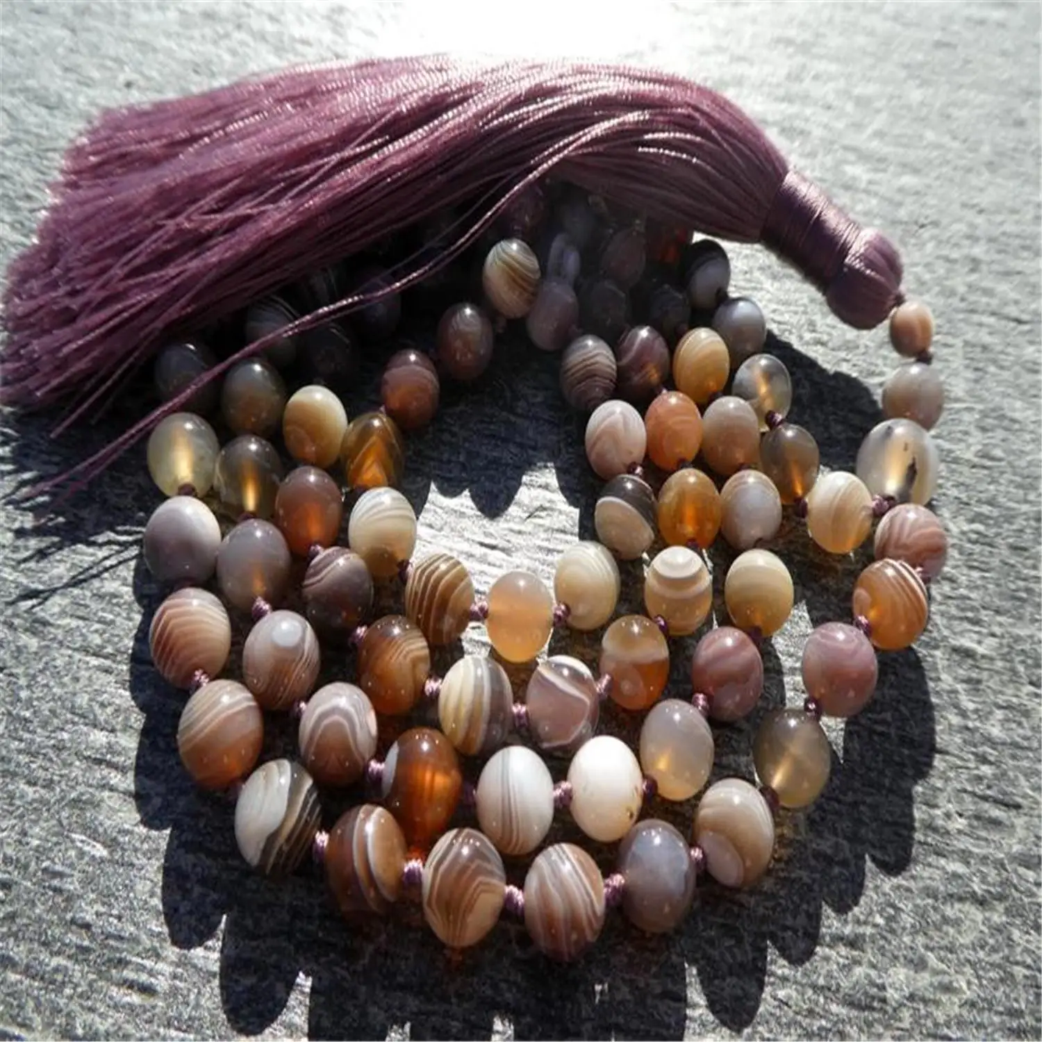 8mm Botswana Stone 108 Beads Handmade Tassel Necklace Mala Retro Yoga Japa Tibetan Meditation Prayer Spirituality