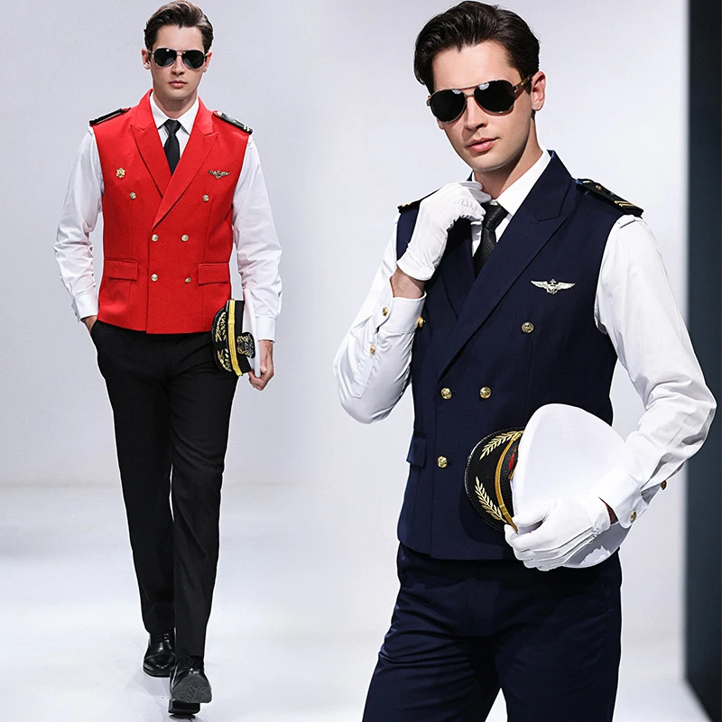 

Male US Navy Captain Standard Uniform cosplay Suits vest + Shirt + Pants Servant Workwear luxury Cruise Ship Navy Seaman Uniform