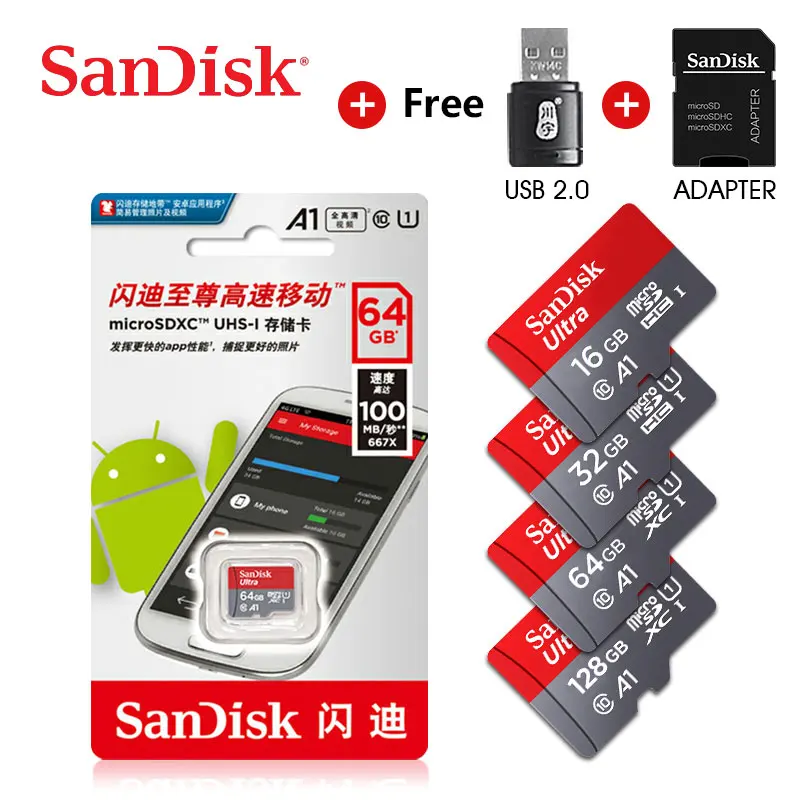 SanDisk карта памяти класс 10 micro sd карта 128 Гб 64 ГБ 32 ГБ 16 ГБ 98 Мб usb flash 256 Гб microsd 200 ГБ оригинальные TF карты Бесплатный адаптер