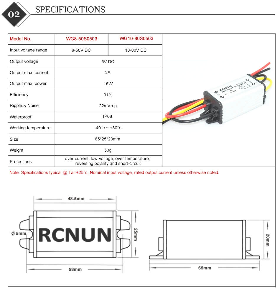 Specifications 8-50V 5V 3A