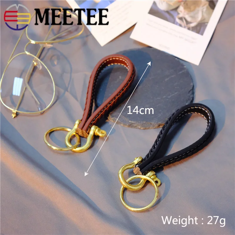 Meetee 2pcs 14cm High-quality Vintage Brass Keychain Buckles PU Woven Copper D Ring Key Hook DIY Leathercraft Hardware Parts