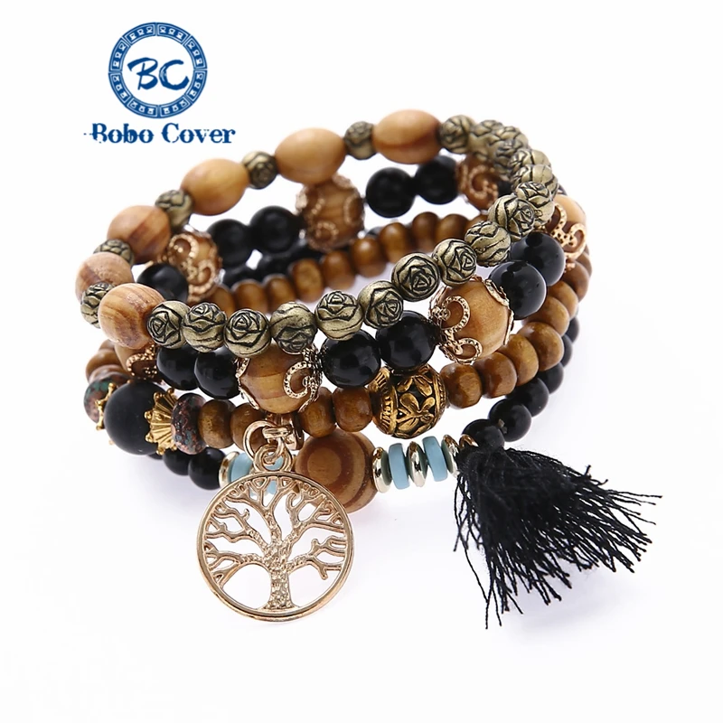 4 unidades/juego de pulseras de varias capas con borlas, joyería hecha a mano con cuentas, pulseras con carácter colgante de árbol de la vida, accesorios, regalos de moda