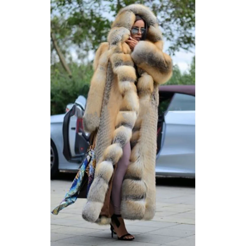 FURSARCAR Luxurious New Women Real Natrual Fox Fur Jacket With Hood X-Long Plus Size New Women Winter Golden Fox Fur Coat