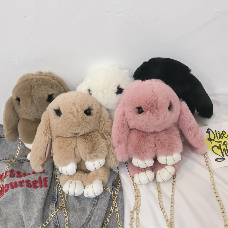 

cute plush bunny rabbit women shoulder bags cartoon lady chains crossbody bag luxury faux fur messenger bag small amimal purses