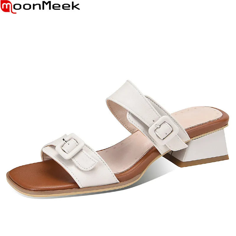 

MoonMeek 2021 Big Size 33-43 Women Slippers Low Heel Square Toe Ladies Mules Shoes Summer Fashion Buckle Casual Shoes