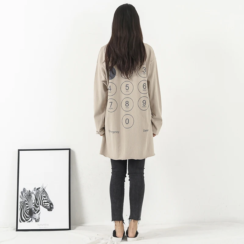[DEAT] Women Side Spliced Back Print Loose Fit T-shirt New Round Neck Long Sleeve Fashion Tide Spring Autumn 19L-a46
