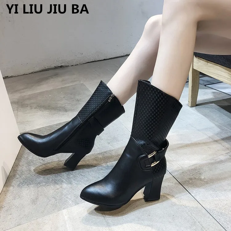 

winter Women Mid-Calf Boots PU Leather women Pointed toe high heels zipper Winter warm snow Boots women Shoes mujer zapatos G421