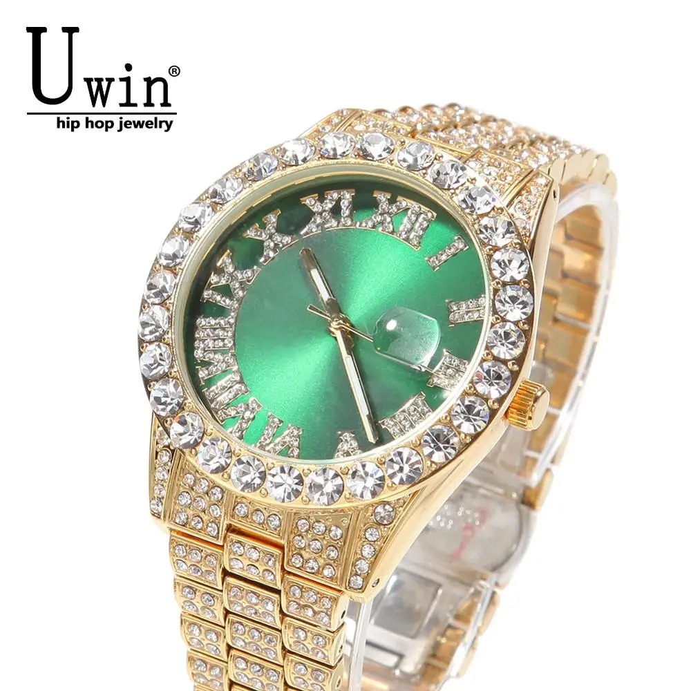 

Uwin большой циферблат часы зеленый и красный полный льдом мужской браслет из нержавеющей стали, модные роскошные стразы кварцевые наручные часы, деловые,
