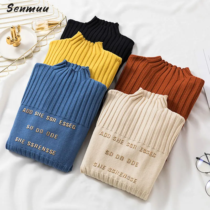 INS 2019 Autumn Women Ladies Turtleneck Soft Letters Sweater Femme Korean Pull Tight Knit Ribbed Jumper Knitwear Top | Женская одежда