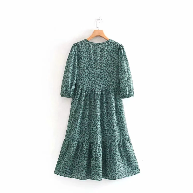 ZA женское платье mididress с круглым вырезом и цветочным принтом, Хлопковое платье со средним рукавом, новинка, осеннее платье трапециевидной формы, повседневное свободное зеленое платье mididress
